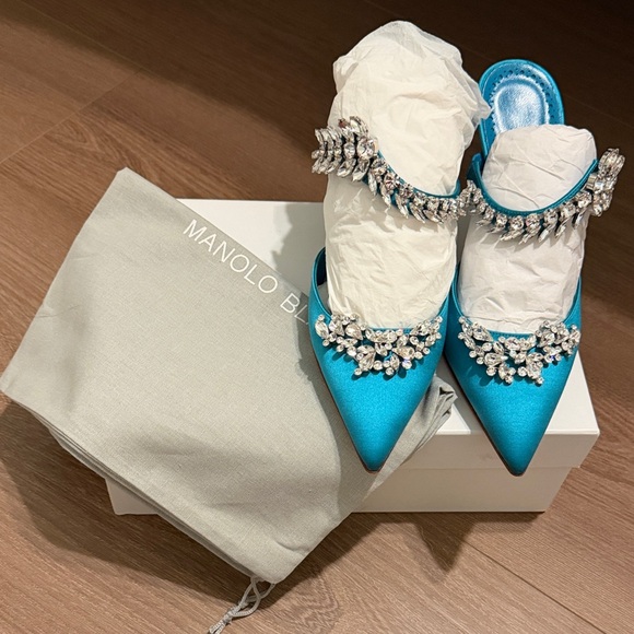 Manolo Blahnik Lurum Turquoise Satin Crystal Heels - Picture 6 of 7